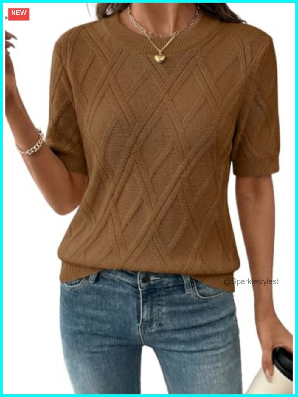 SHEWIN Womens Cable Knit Short Sleeve Sweater 100% Viscose Crewneck Business